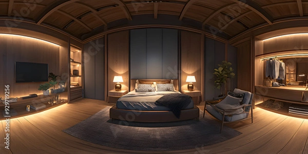 Fototapeta 3d illustration spherical 360 vr degrees, a seamless panorama of the room and apartment . interior design 3D rendering.reception in a modern panoramic hous