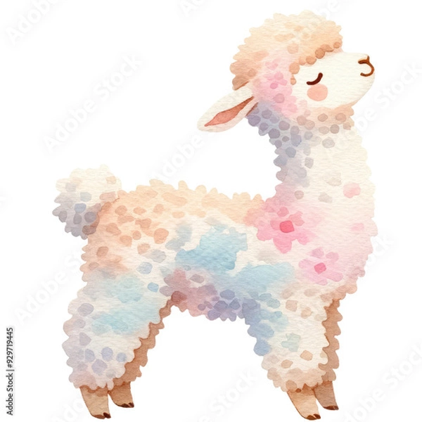 Fototapeta Colorful watercolor illustration of a cute llama with a fluffy, textured appearance, suitable for children and nursery decor.
