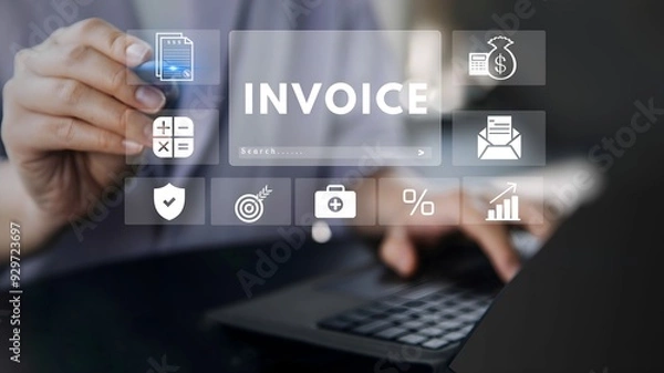 Fototapeta A business person using laptop with Invoice and online digital statements concept on virtual touch screen.