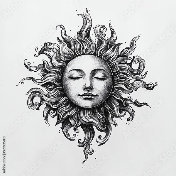 Obraz A detailed illustration of a sun face with intricate swirling rays, embodying warmth and light in a monochrome style.