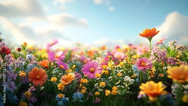 Fototapeta Vibrant field of colorful flowers illuminated by soft sunlight under a clear blue sky, creating a serene and joyful atmosphere.
