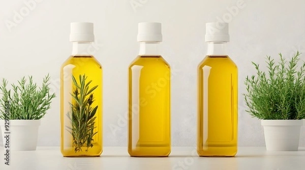 Fototapeta Organic Herb Infused Oils in 3D Rendered Bottles