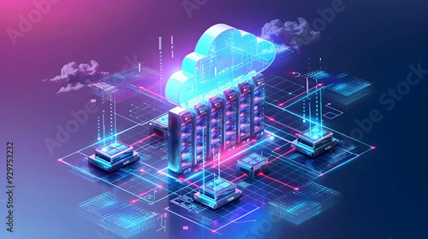 Fototapeta Hybrid Cloud Integration Architecture, a hybrid cloud integration architecture within a data center concept with an image depicting seamless integration between on-premises infrastructure
