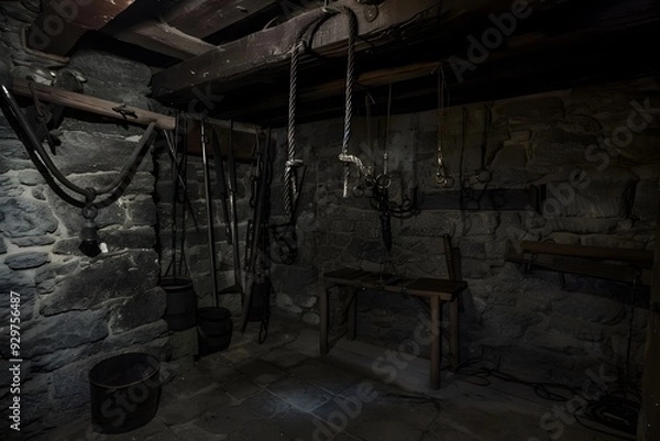 Fototapeta An ominous medieval torture chamber, dimly lit and filled with ancient, grim instruments of punishment, evoking a sense of dark history.