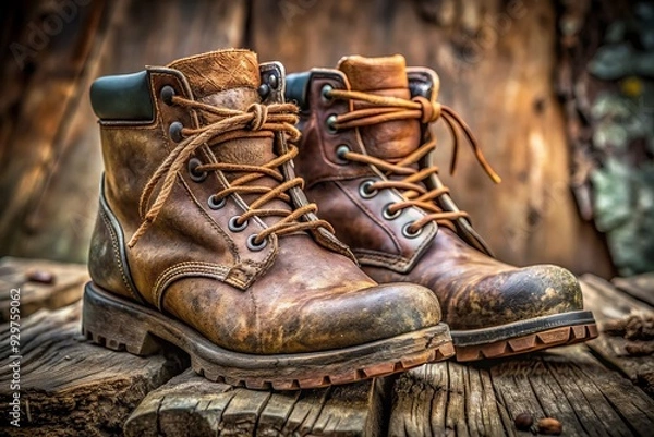 Obraz Rugged, weathered boots with scuffs, mud, and dirt accumulated on the soles and laces, evoking a sense of adventure, exploration, and outdoor ruggedness.