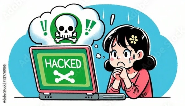 Fototapeta Cartoon of a young girl staring worriedly at a hacked laptop with a skull icon on the screen on a light blue background