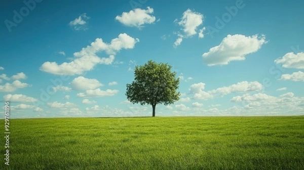Fototapeta A peaceful green meadow with a single tree under a blue sky