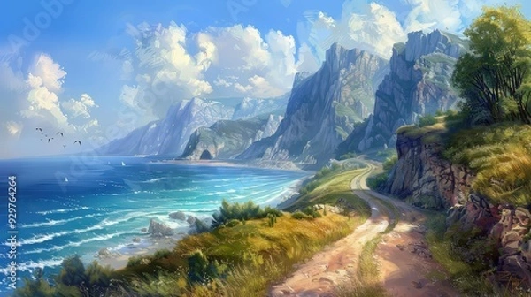 Fototapeta Depict a fork in the road at a picturesque coastal setting, with one road running along the shoreline and the other heading into the cliffs.
