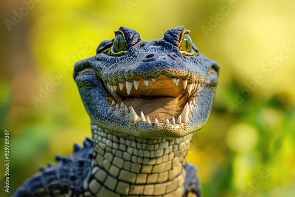 Fototapeta A joyful crocodile with a big grin, radiating happiness in a playful portrait.