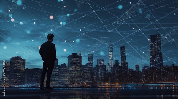 Fototapeta Globale vernetzte Lieferkette durch smarte innovative Logistikprozesse LKW Schiff Weltkarte leuchtpunkte Bewegung Generative AI