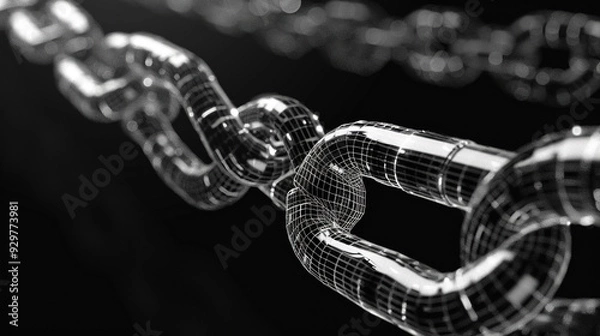 Fototapeta 3D rendering wireframe of a digital chain with monochrome color