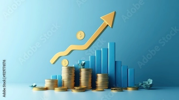 Fototapeta Red Upward arrow on money coin stack as growth graph steps in home shape symbol,Savings, income, home investment, real estate price value, property profit concepts,the rising price of real estate.