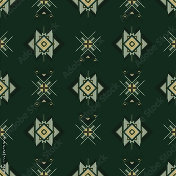 Fototapeta Geometric ethnic oriental seamless pattern with green traditional embroidery style Design for ,carpet,wallpaper,clothing,wrapping,Batik,fabric,Vector illustration.