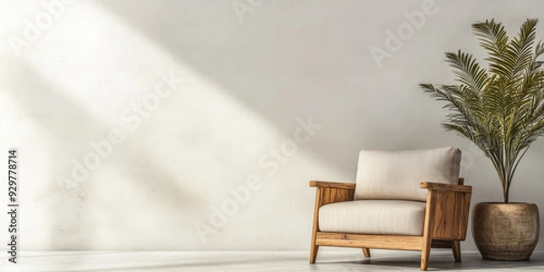 Fototapeta Cosy wooden chair with neutral tones in serene interior