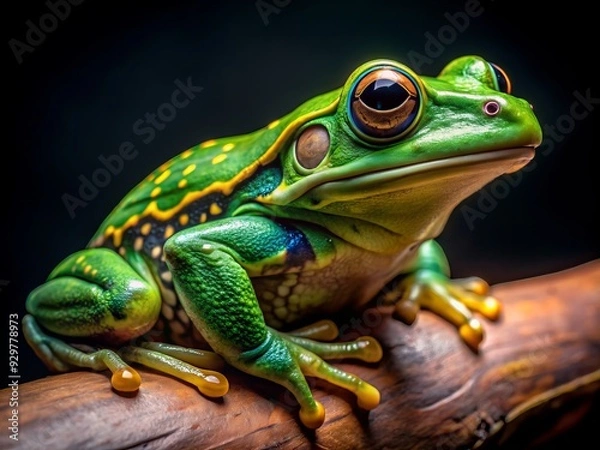 Fototapeta Vibrant green exotic frog showcases intricate skin texture and delicate features in stunning close-up, set against a dramatic dark backdrop.