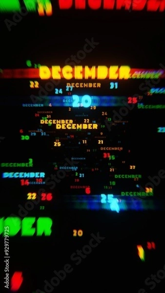 Fototapeta Abstract digital art with glowing text representing the month of December in festive neon colors on a dark background