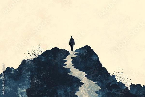 Fototapeta A silhouette man walking on a mountain path, symbolizing the journey into the unknown.