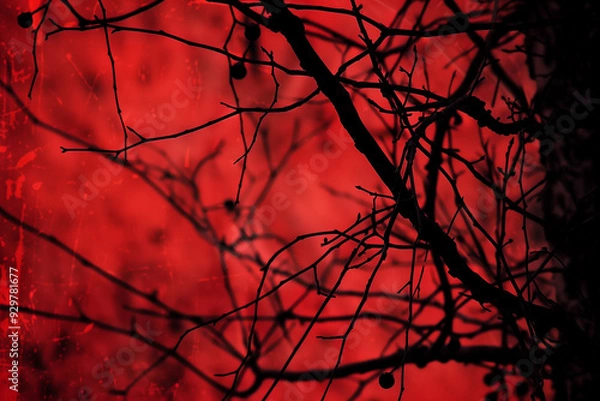 Fototapeta A striking wallpaper with black twigs on a vivid red background, blending bold contrast and nature-inspired design.