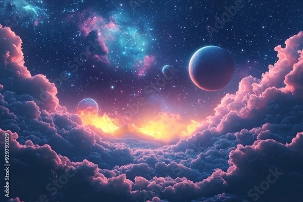 Obraz Space cosmic illustration with planets scene created with Generative AI