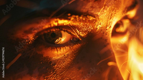 Fototapeta Detailed view of a person's face in the glow of a fire, reflecting the flickering flames in their eyes