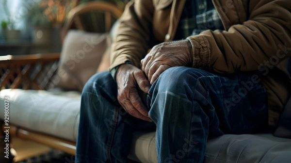Fototapeta Man suffering from knee pain sitting sofa
