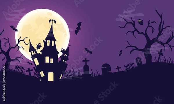 Fototapeta Halloween Spooky Nighttime Scene Horizontal background with bats, full moon, witch castle, evil trees, graves, ghosts. Happy Halloween vector scary design. Halloween banner, party invitation