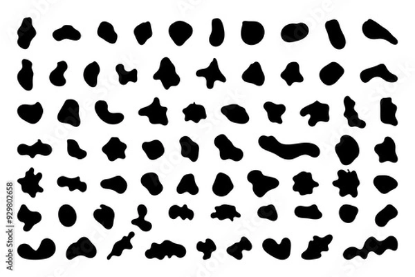 Fototapeta Random shapes. Organic black blobs of irregular shape. Abstract blotch, inkblot and pebble silhouettes, simple liquid amorphous splodge elements water forms creative minimal bubble stone vector set