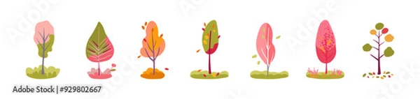 Fototapeta Set of decorative pink, yellow, green and pink trees. Autumn leaf fall folk. Isolated vector white background