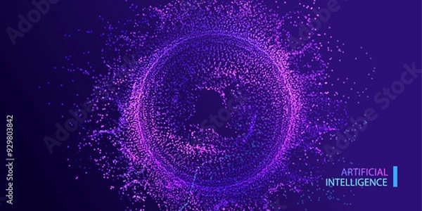 Fototapeta Big data neon background. Technology ai round particles dots banner. Artificial Intelligence futuristic circle connect innovation design.