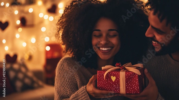 Fototapeta Valentines gift couple exchanging gifts smiling