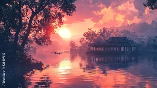 Fototapeta Tranquil autumn landscape with vibrant red and orange foliage reflecting in a serene lake, surrounded by trees and a calm atmosphere.