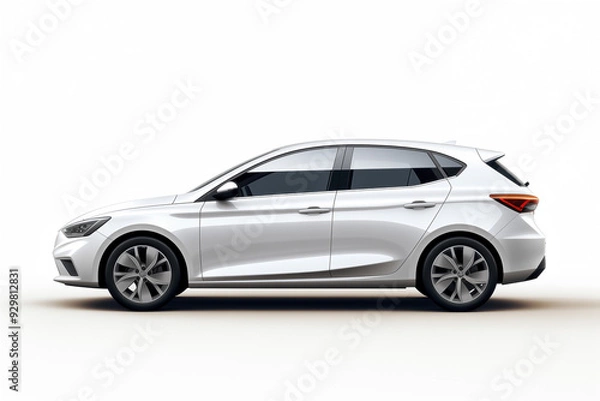 Fototapeta Sleek white hatchback car profile on white background during daylight, mockup, copy space