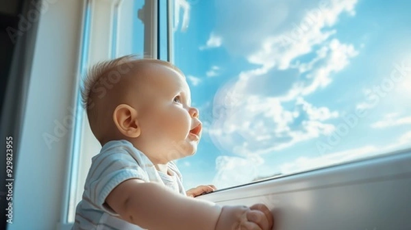 Fototapeta curious baby gazing out window at blue sky with soft white clouds in high-resolution photo featuring light tones, soft shadows, and clean sharp focus ideal for serene childhood and wonder themes