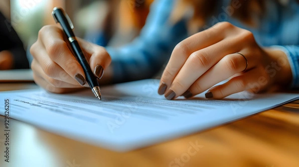 Obraz A person writing on a document with a pen on a wooden table.