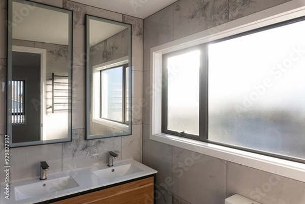 Fototapeta modern bathroom with frosted window, two sinks and two mirrors