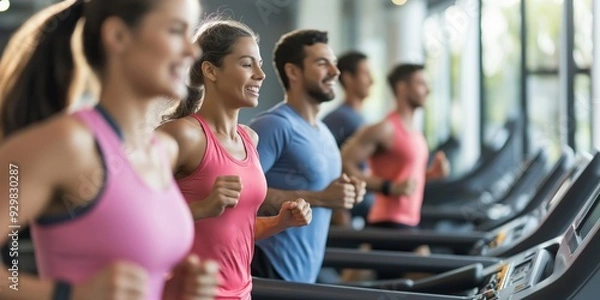 Fototapeta Fitness enthusiasts who run on treadmills stress leading a healthy lifestyle, driven by their passion for exercise, community involvement, and participation in various athletic activities