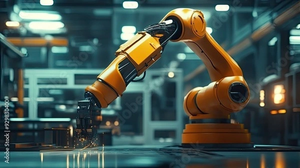 Fototapeta Dynamic shot of an industrial robot arm in motion, handling materials with precision in a high-tech manufacturing environment