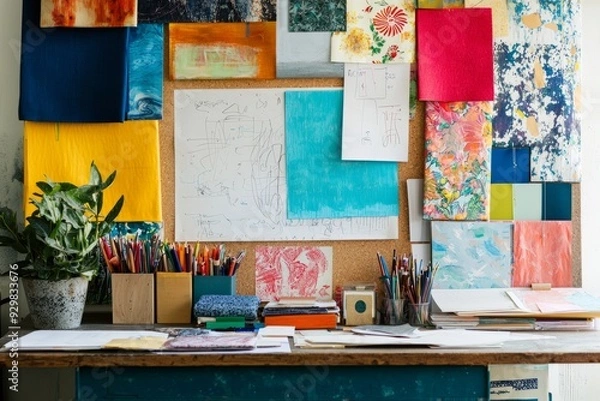 Fototapeta A mood board workspace with a large corkboard filled with colorful fabric samples, sketches, and design ideas