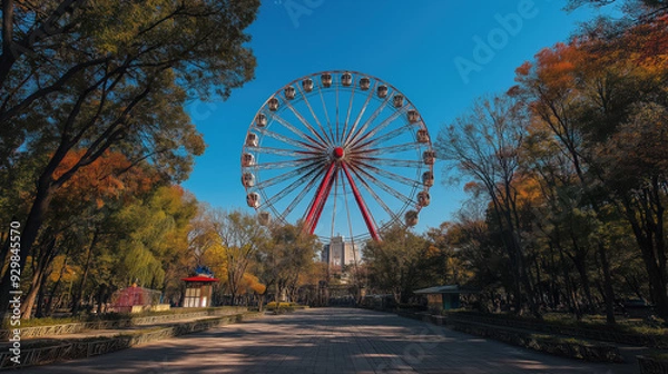 Fototapeta A large Ferris wheel is in the background of a park