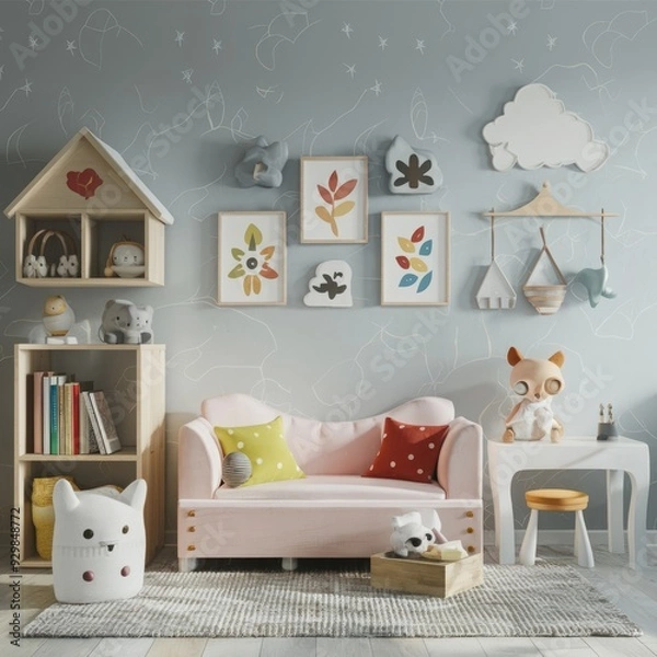 Fototapeta White cozy children room interior background, wall mockup, 3D render 