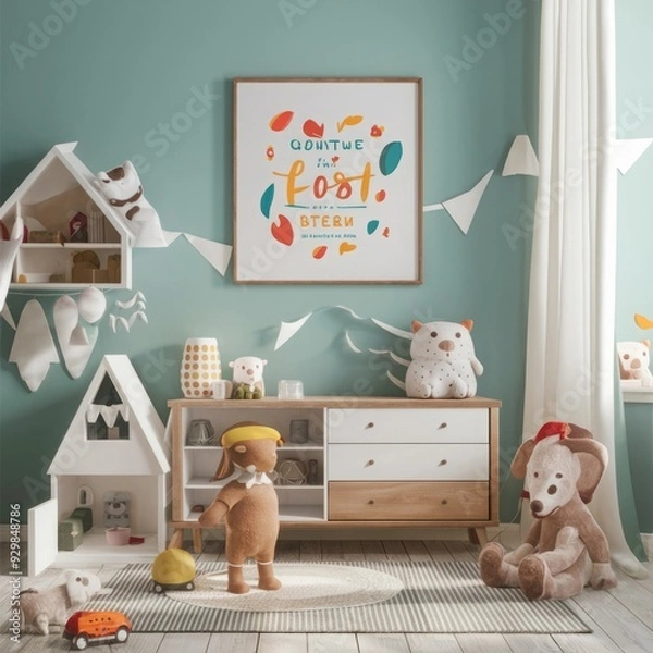 Fototapeta White cozy children room interior background, wall mockup, 3D render 
