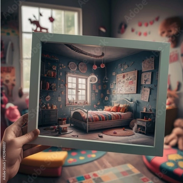Fototapeta White cozy children room interior background, wall mockup, 3D render 