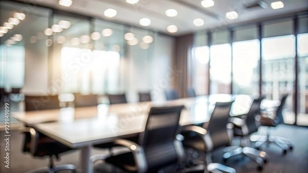 Fototapeta Unfocused Professional Discussion Room - Gentle blur effect of a professional discussion room with office elements.

