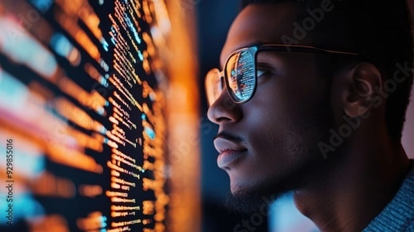 Fototapeta Close-up of a Programmer Looking at Code on a Screen