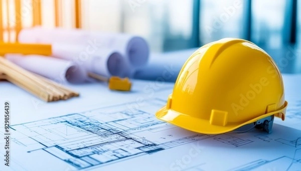 Obraz A hard hat on construction blueprints, engineering tools, and project plans