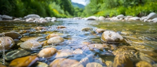 Fototapeta  A stream winds through a verdant forest, dotted with numerous rocks and encircled by lush green grass and trees