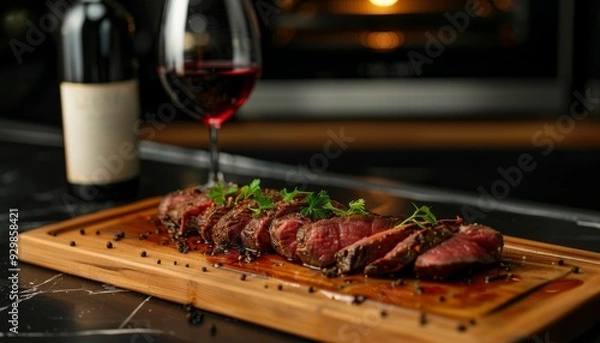 Fototapeta Fresh meat steak grilled and then fried, meat dinner with wine in a restaurant.