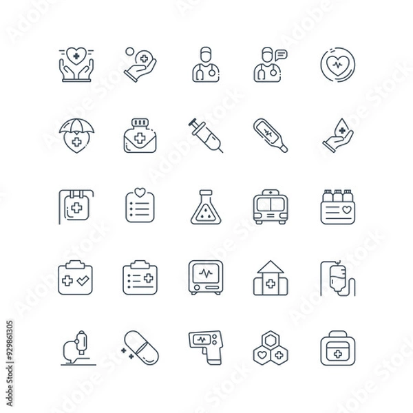 Obraz Set of 25 Minimalist Healthcare Icons in Line-Art Style, Featuring Symbols like Heart, Healthcare Professional, Ambulance, Microscope, and More, Representing Medical Services, Care, and Research
