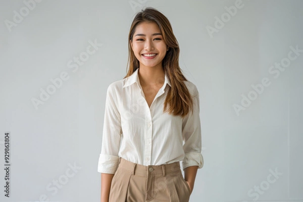 Fototapeta casual portrait features a young woman with straight hair and a soft smile, highlighted by a crisp white shirt and a bright, clean background.