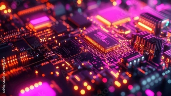 Fototapeta Circuit Board with Glowing Components